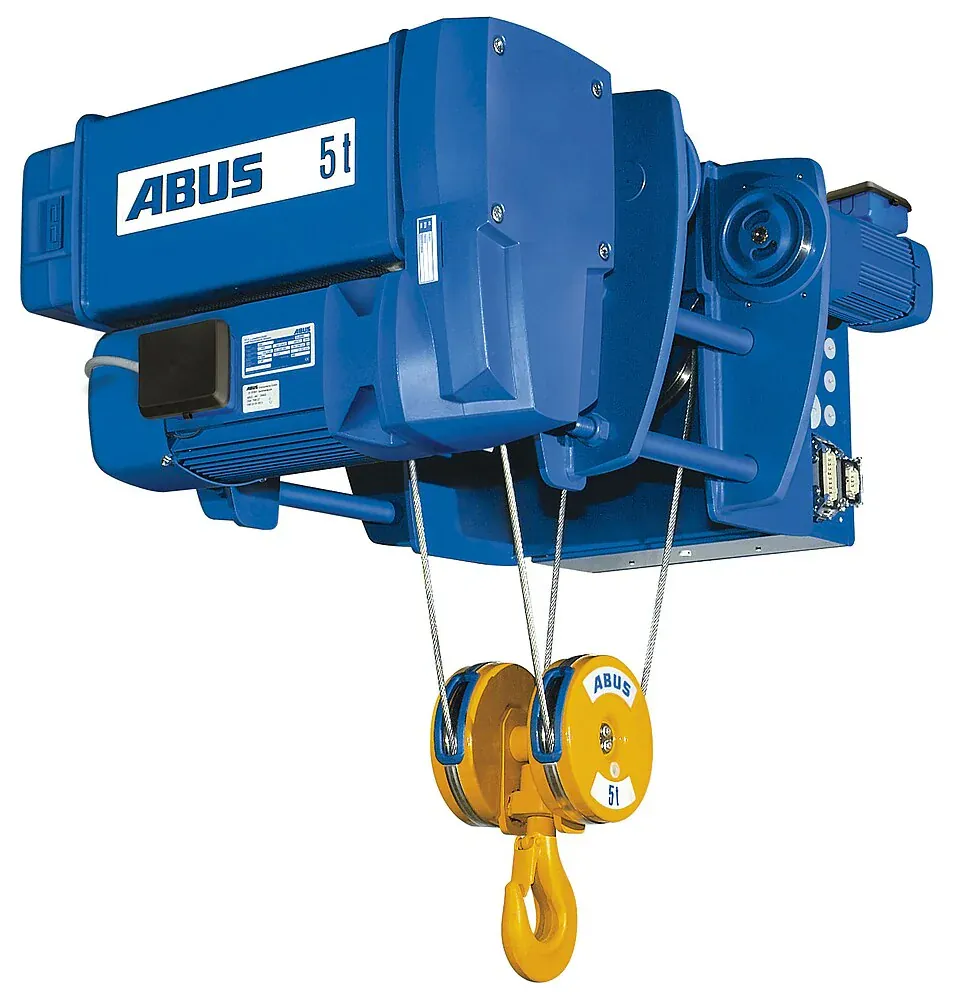 Синяя канатная электроталь ABUS 5 т: двигатели подъёма и передвижения, канаты и жёлтая крюковая подвеска — иллюстративный пример, не объект Подъем Профи